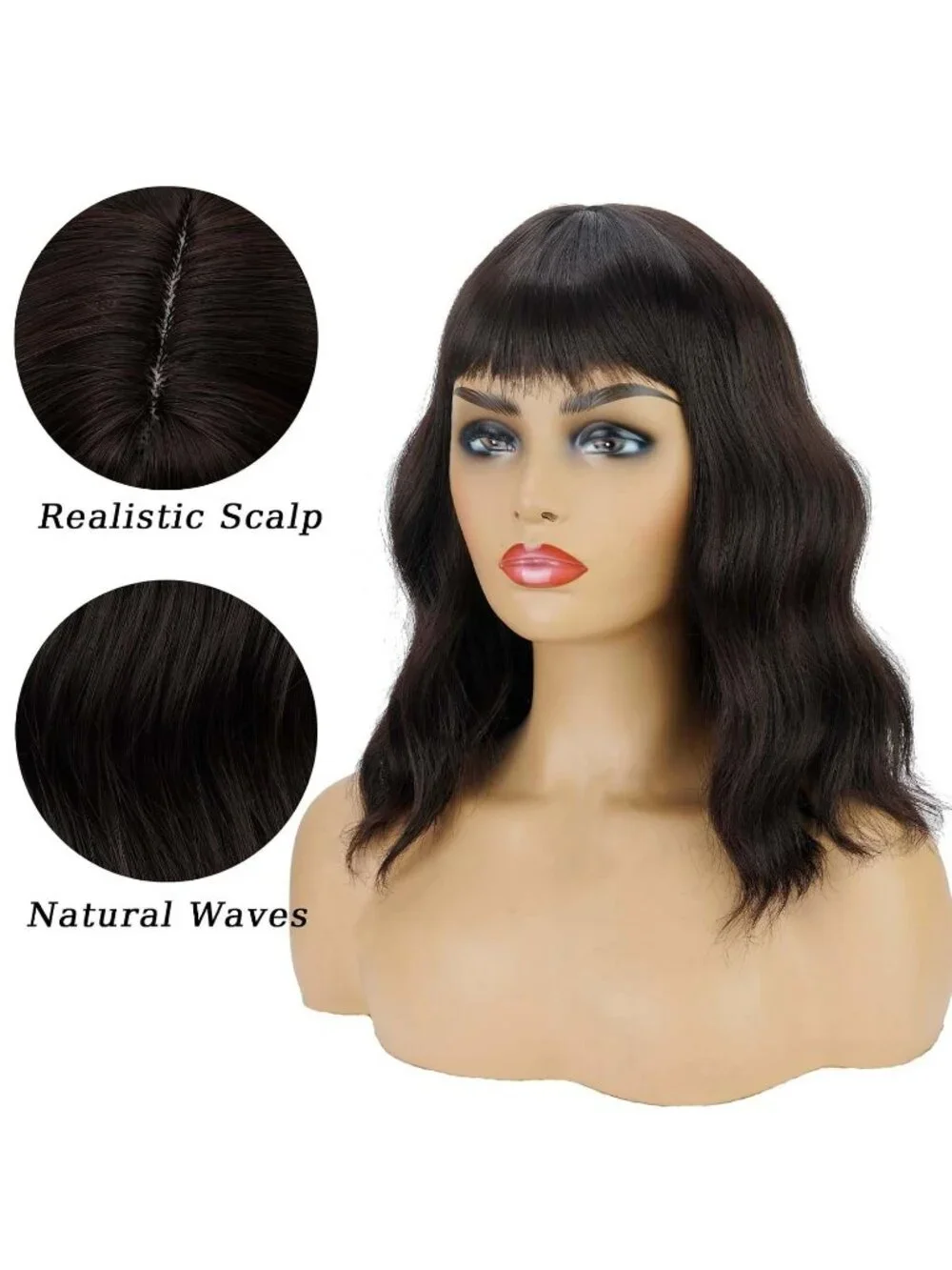 Women's Brown 14 Inch Heat Resistant Short Bangs Bob Modern Wavy Wigs